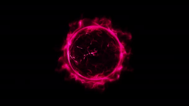 动画粉红 红色圆形发光光环闪耀强大的效果粉尘爆炸 黑色背景上的散射明亮的霓虹灯 星框星系和空间数字概念 — 图库视频影像