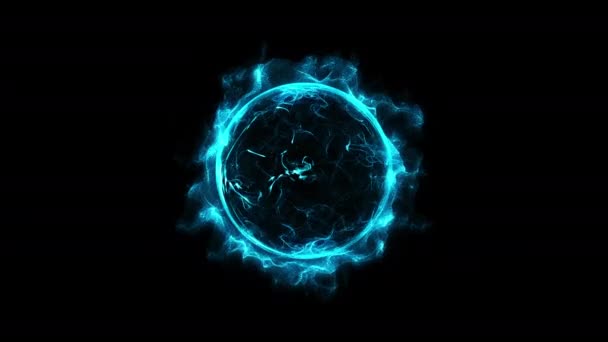 蓝色圆形发光光环动画闪耀强大的效果粉尘爆炸 黑色背景上的散射明亮的霓虹灯 星框星系和空间数字概念 — 图库视频影像
