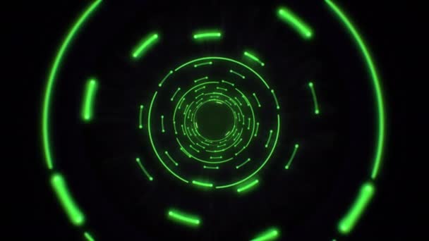 Cercles de lumière abstraits verts boucle transparente. Animation d'une boucle de tunnel abstraite avec des cercles lumineux brillants. Eclairage futuriste néon espace. Cercles abstraits tunnel néon .