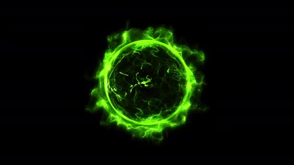 绿色圆形发光光环的动画闪耀着强大的效果 粉尘爆炸 黑色背景上的散射明亮的霓虹灯 星框星系和空间数字概念 — 图库视频影像