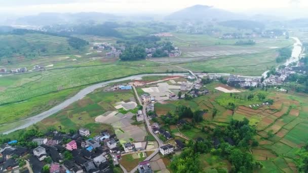 Vista Aérea Arroz Verde Campos Vegetais Vilarejo Pobre China Ásia — Vídeo de Stock