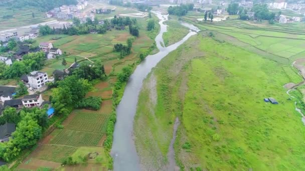 Vista Aérea Arroz Verde Campos Vegetais Vilarejo Pobre China Ásia — Vídeo de Stock