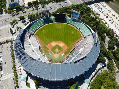 Havadan görünümü Seul Olimpiyat Park, Güney Kore. 1988 Yaz Olimpiyatları ve 10 Asya Oyunları için stadyum 1986 yılında inşa edilir. Olimpiyat ve şehir ile Beyzbol Stadyumu. Seoul, Güney Kore 08/20/2018