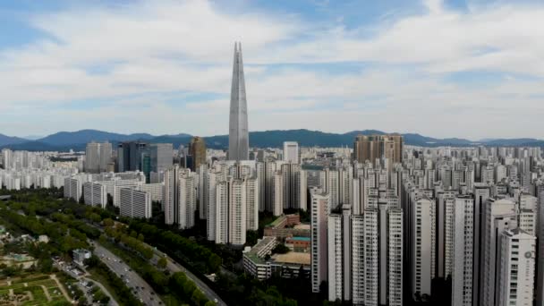 Flygvy Stadsbilden Seoul Sydkorea Utsikt Från Luften Lotte Tower Jamsil — Stockvideo