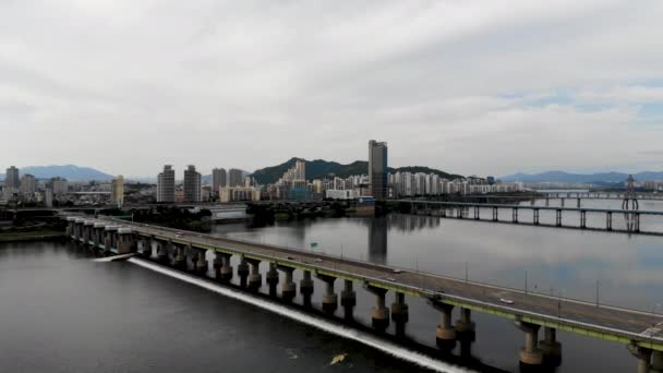 韩国首尔汉江鸟图 桥梁的鸟图在顶水与汽车移动和城市以山在背景 — 图库视频影像