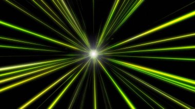 Yeşil ve sarı space warp girme. Arka plan ile hızlı uçan hafif çizgiler. Hız hattı ve parlayan tünele uçan çizgileri.  