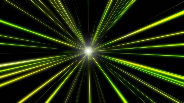 Entering green & yellow space warp. Abstract background with fast flying light streaks. Speed line & stripes flying into glowing tunnel.