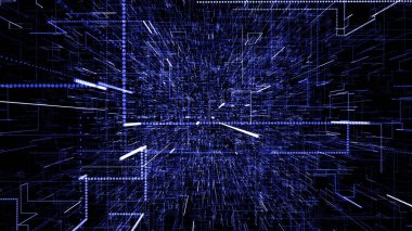 Mavi soyut sanal alan. Dijital veri tünelinde uçan 3d illüstrasyon. Veri tüneli yolculuğu, dijital bilgi iletimi. Bir hi-tech siber uzay hattı ve nokta fütüristik 3d render.