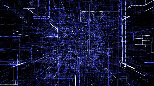 Blue abstract virtual space. 3d illustration flying through digital data tunnel. Data tunnel journey, transmission of digital information. Futuristic 3d rendering of a hi-tech cyber space line & dot.