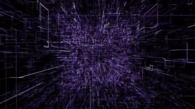 Mor soyut sanal alan. Dijital veri tünelinde uçan 3d illüstrasyon. Veri tüneli yolculuğu, dijital bilgi iletimi. Bir hi-tech siber uzay hattı fütüristik 3d render