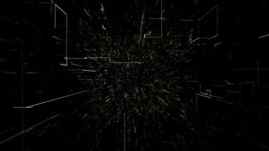 Yeşil soyut sanal alan. Dijital veri tünelinde uçan 3d illüstrasyon. Veri tüneli yolculuğu, dijital bilgi iletimi. Bir hi-tech siber uzay hattı ve nokta fütüristik 3d render.