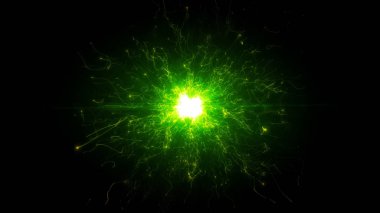 Parlak yuvarlak enerji yapısında yeşil fütüristik uzay parçacıkları. uzay küre Vfx tasarım elemanı. Soyut renkli ışıklar arka plan animasyon güç elektrik manyetik enerji ışını.