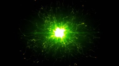Parlak yuvarlak enerji yapısında yeşil fütüristik uzay parçacıkları. uzay küre Vfx tasarım elemanı. Soyut renkli ışıklar arka plan animasyon güç elektrik manyetik enerji ışını.