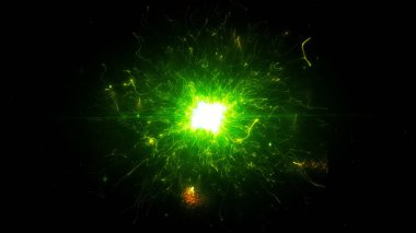 Parlak yuvarlak enerji yapısında yeşil fütüristik uzay parçacıkları. uzay küre Vfx tasarım elemanı. Soyut renkli ışıklar arka plan animasyon güç elektrik manyetik enerji ışını.