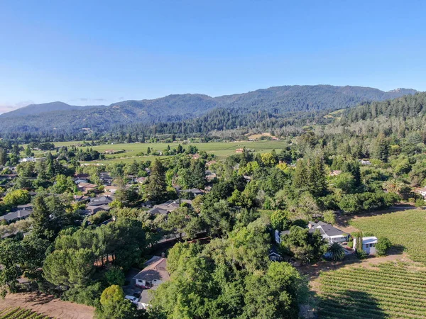 Aerial view of wine vineyard in Napa Valley during summer season. Napa County, in California\'s Wine Country, part of the North Bay region of the San Francisco Bay Area. Vineyards landscape.