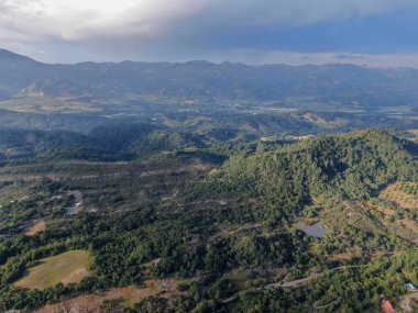 Yaz sezonunda Napa Vadisi 'nde ağaçlar ile yemyeşil tepelerin havadan görünümü. Napa Ilçesi, Californias şarap ülkesi, San Francisco Körfezi bölgesi 'nin Kuzey Körfezi bölgesinin bir parçasıdır. Bağ alanı.