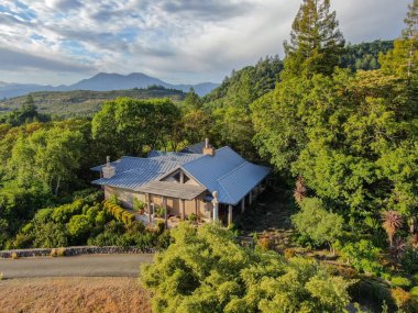 Dağda sevimli klasik Amerikan ahşap evin havadan görünümü ve orman ile çevrili. Güzel eski zanaatkar ahşap aileevi. Napa Valley, Napa County, Kaliforniya, Amerika Birleşik Devletleri