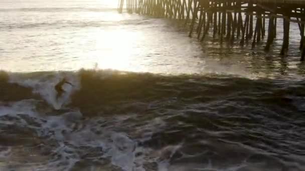 Вид Воздуха Серферов Наслаждающихся Волнами Рядом Причалом Сан Клементе Захода — стоковое видео