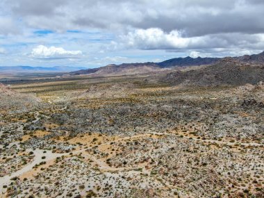 Joshua Tree Milli Parkı'nın havadan görünümü. Güneydoğu Kaliforniya'daki Amerikan Milli Parkı. Kurak çölün panoramik manzarası.
