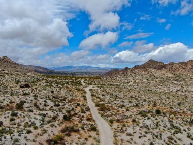 Kurak çöldeki boş toprak yolun havadan görünümü. Çölde off road. Joshua Tree Milli Parkı. Güneydoğu Kaliforniya'daki Amerikan ulusal parkı, ABD.