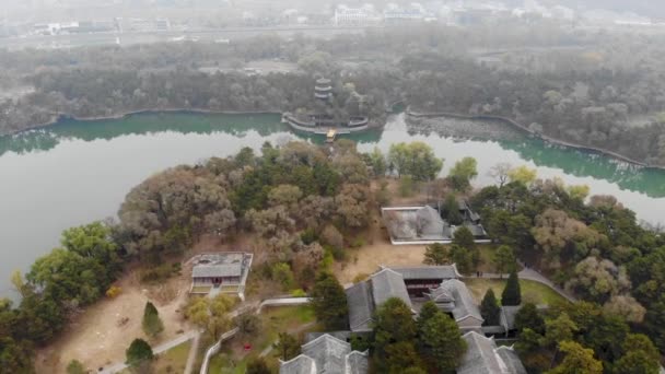 Vzdušný Výhled Malé Pavilony Jezera Císařském Letním Paláci Chengde Čína — Stock video