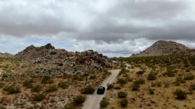 Çölde yoldan giden 4x4'lük otomobilin havadan görünümü. Joshua Tree Milli Parkı. Güneydoğu Kaliforniya'daki Amerikan Milli Parkı. Kurak çölde SUV sürüş.