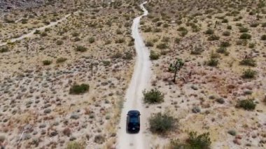 Çölde yoldan giden 4x4'lük otomobilin havadan görünümü. Joshua Tree Milli Parkı. Güneydoğu Kaliforniya'daki Amerikan Milli Parkı. Kurak çölde SUV sürüş.