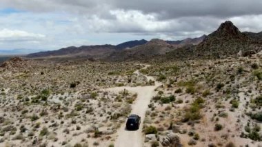 Çölde yoldan giden 4x4'lük otomobilin havadan görünümü. Joshua Tree Milli Parkı. Güneydoğu Kaliforniya'daki Amerikan Milli Parkı. Kurak çölde SUV sürüş.