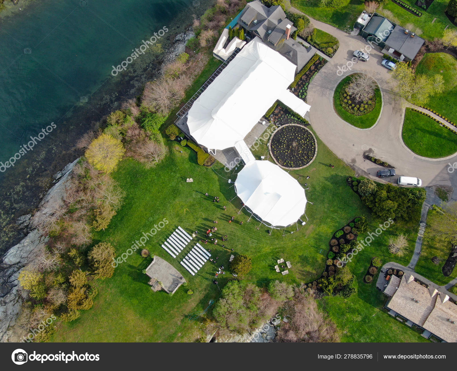 Aerial View Wedding Reception Ceremony Setup Big White Tents Next