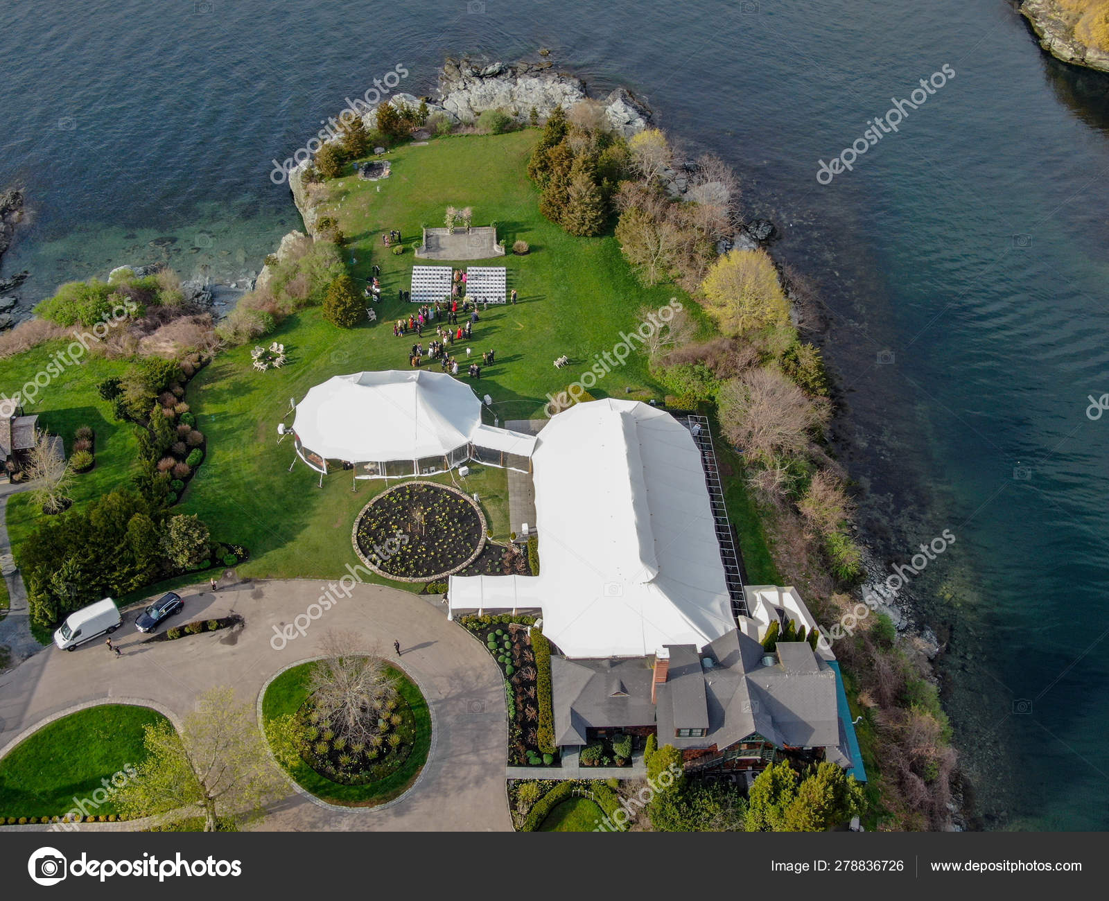 Aerial View Wedding Reception Ceremony Setup Big White Tents Next