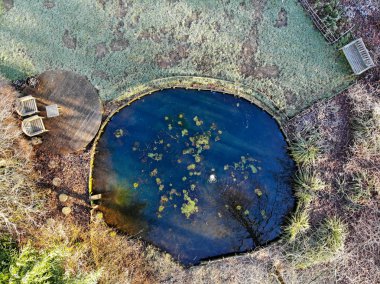 Sonbahar mevsimi ve renkler sırasında güzel bahçe havadan görünümü. Büyük yeşil çimen ve tress, su küçük pound ile güzel bir bahçe Manzara Görünümü.