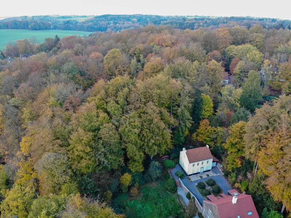 Vista Aérea Del Bosque Durante Temporada Otoño Colores Con Villas —  Fotos de Stock