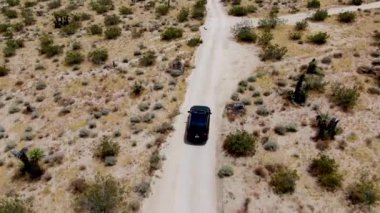Çölde yoldan giden 4x4'lük otomobilin havadan görünümü. Joshua Tree Milli Parkı. Güneydoğu Kaliforniya'daki Amerikan Milli Parkı. Kurak çölde suv sürüyor. California, Amerika Birleşik Devletleri