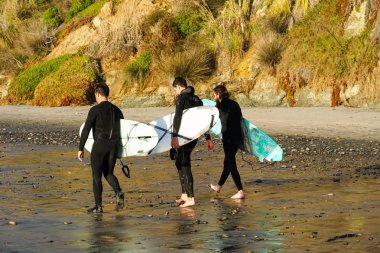 Islä±z bÃ1/4yÃ1/4k elbiseli sörfÃ§eler sahilde sörf tahtasÄ±nÄ± tutarlar. Sörfçüler suya gidiyor, San Elijo State Beach Cardiff, Kaliforniya, San Diego County bulunan. Abd. 