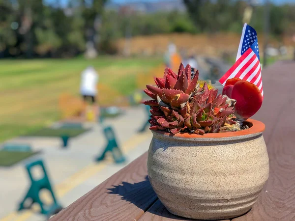 Patriotischer Blumentopf Mit Amerikanischen Flaggen Und Golfer Hintergrund Amerikanischer Fahnenschmuck — Stockfoto