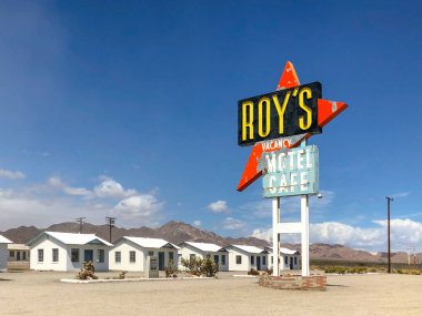 Legendary Roy's Motel and Cafe in Amboy, California, USA. Roy's Motel and Cafe was a classic stop for gasoline or rest in the Mojave desert on historic Highway Route 66.  clipart