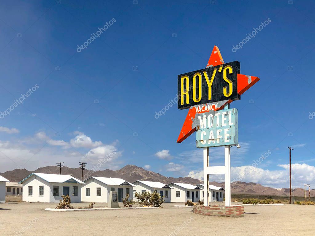 Legendary Roy's Motel and Cafe in Amboy, California, USA. Roy's Motel and Cafe was a classic stop for gasoline or rest in the Mojave desert on historic Highway Route 66.