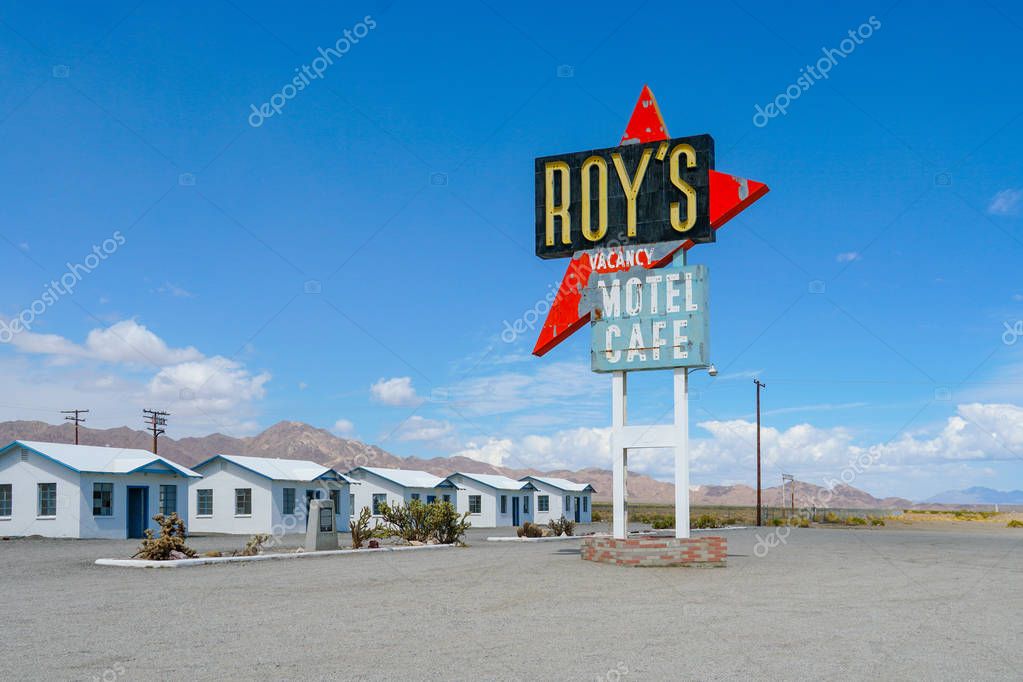 Legendary Roy's Motel and Cafe in Amboy, California, USA. Roy's Motel and Cafe was a classic stop for gasoline or rest in the Mojave desert on historic Highway Route 66.