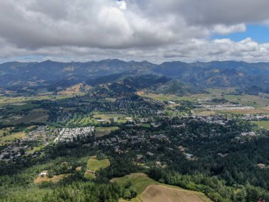 Yaz sezonunda Napa Vadisi 'nde ağaçlar ile yemyeşil tepelerin havadan görünümü. Napa County, California şarap ülkesi, San Francisco Bay Area Kuzey Körfezi bölgesinin bir parçası.