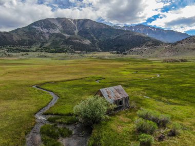 Bir dağın yeşil vadisinde terk edilmiş küçük ahşap ev ahır sonraki küçük nehir havadan görünümü, Aspen Spring, mono County, Kaliforniya, ABD. 