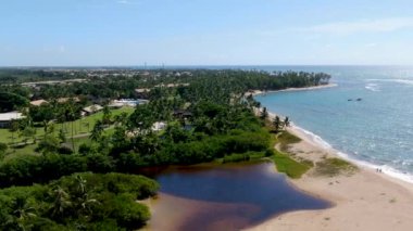 Tropikal beyaz kum plaj ve turkuaz birleştirme Nehri'nin hava üstten görünüm deniz suyu küçük dalgalar ile temizleyin ve palmiye ağaçları arka plan. Praia Forte, Bahia, Brezilya var. Seyahat tropikal kavramı