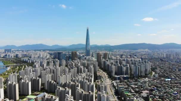 Flygfoto Stadsbilden Seoul Sydkorea Aerial View Lotte Tornet Jamsil Över — Stockvideo