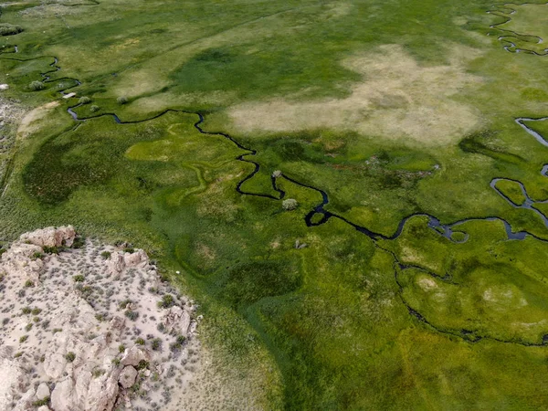 Aerial top view of green land and small curve river in Aspen Springs, Mono County California, USA