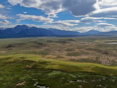 Mammoth Gölleri, Mono County, Kaliforniya yanındaki Long Valley havadan görünümü. Abd. Yaz sezonunda arka planda dağ ile Yeşil otlak. 