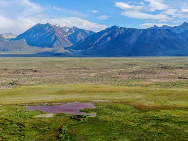 Mammoth Gölleri, Mono County, Kaliforniya yanındaki Long Valley havadan görünümü. Abd. Yaz sezonunda arka planda dağ ile Yeşil otlak. 