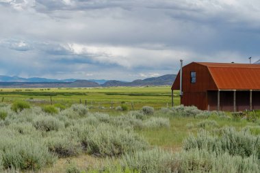 Kırmızı çiftlik arka planda dağ ile büyük bir otlak çiftlik alanında döken. Doğu Sierra Dağları, Mono County, Kaliforniya, Amerika Birleşik Devletleri