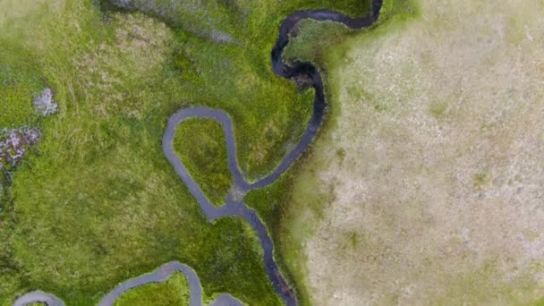 Aerial Top View Green Land Small Curve River Mountain Background — Stock Video