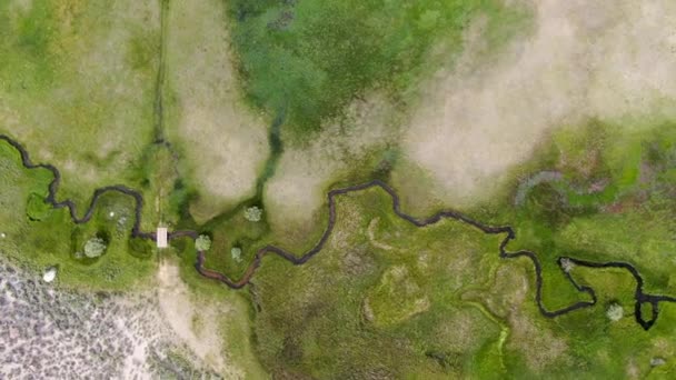 Luftaufnahme Von Grünen Land Und Kleine Kurve Fluss Mit Berg — Stockvideo
