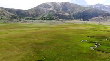 Aspen Springs, Mono County California, Abd arka planda dağ ile yeşil arazi ve küçük eğri nehir havadan görünümü