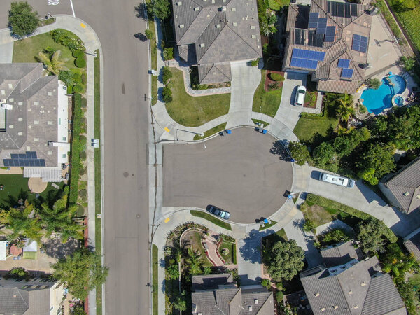 Aerial top view suburban neighborhood with big villas next to each other in Black Mountain, San Diego, California, USA. Aerial view of residential modern subdivision luxury house.